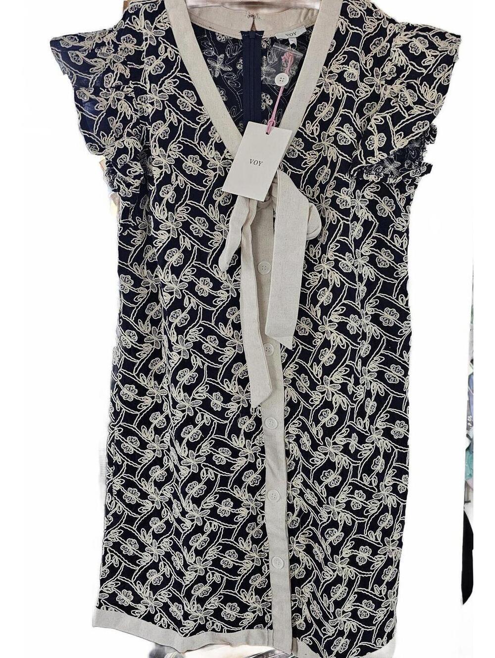 VOY Navy Floral Embroidered Tie-Front Dress with Cream Contrast Trim sz L NEW